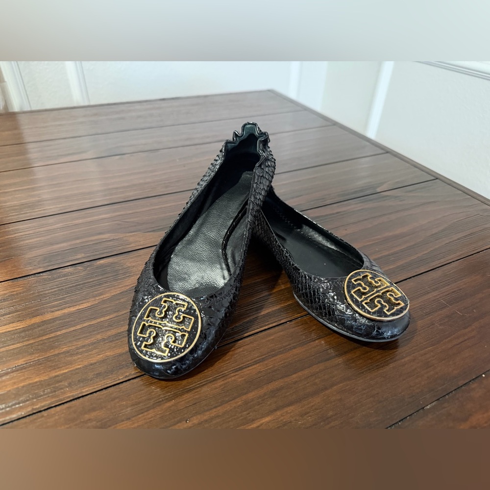 Tory Burch Black Python Embossed Leather Reva Bal… - image 1